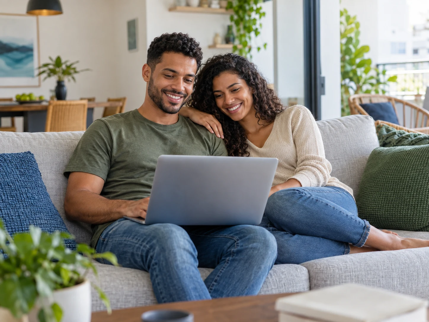 Casal aproveitando um momento em casa com seu notebook